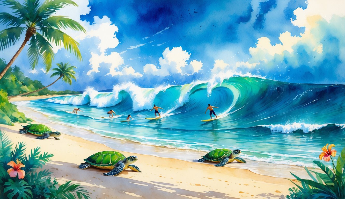 Beach scene on the North Shore of Oahu with surfers riding waves and sea turtles resting on the sandy shore near palm trees.