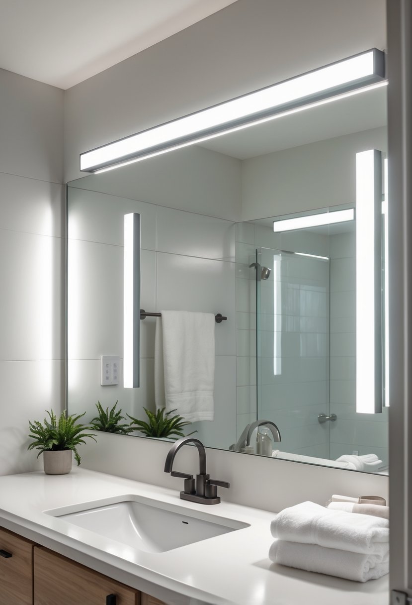 A bathroom vanity with LED lights above a large mirror, a white countertop, sink, and decorative items.