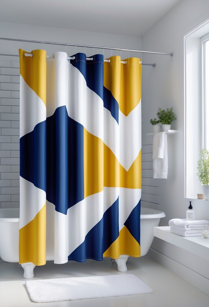 A bathroom with a newly installed shower curtain featuring a bold geometric pattern, a bathtub, and bathroom accessories.