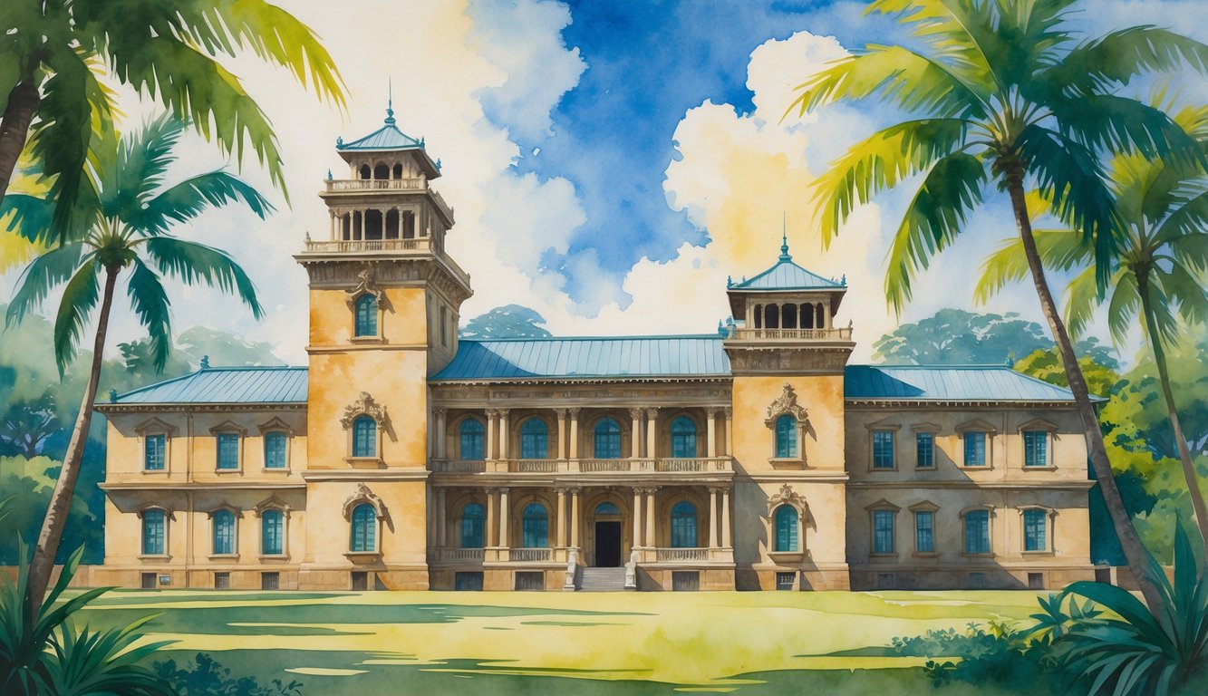 Iolani Palace in Honolulu surrounded by tropical gardens and palm trees with figures in the background representing historical events.