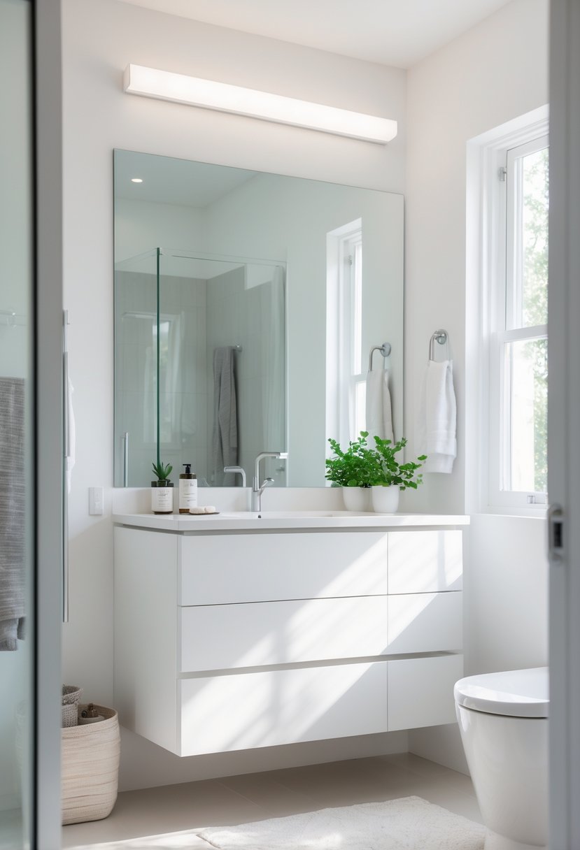 A modern bathroom with a large frameless mirror above a white vanity, natural light, and simple decorative elements.