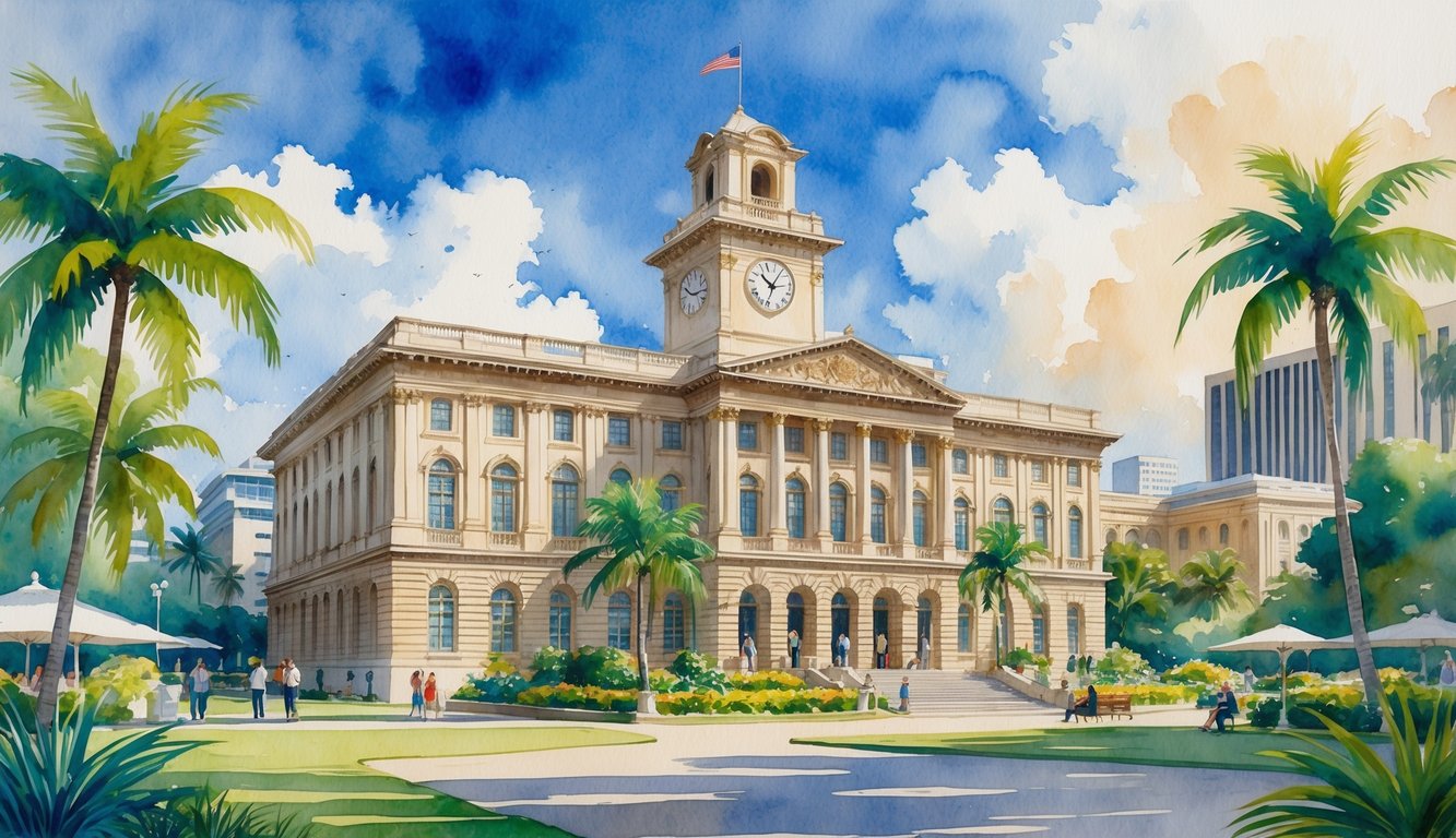 View of ʻIolani Palace in Honolulu surrounded by tropical gardens and people, with city buildings visible in the background.