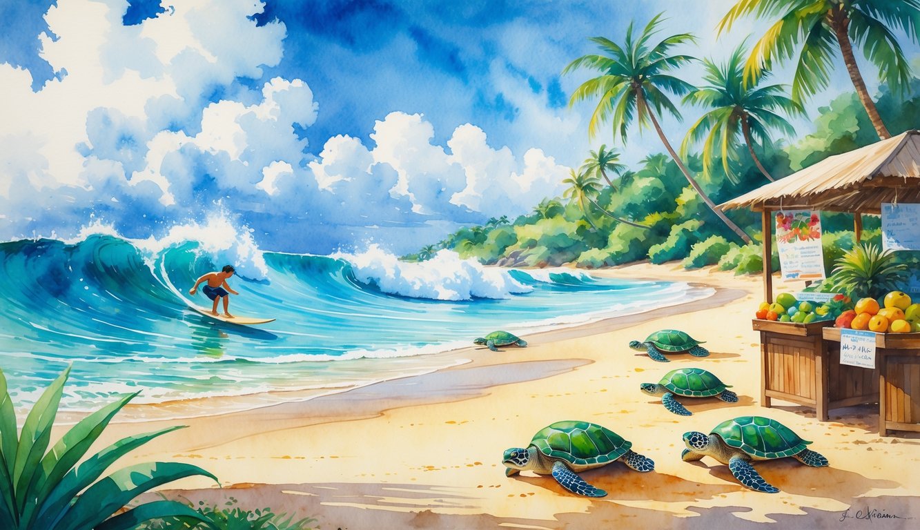A beach scene with a surfer riding a wave, sea turtles resting on the sand, palm trees, and a small market stall with tropical fruits.