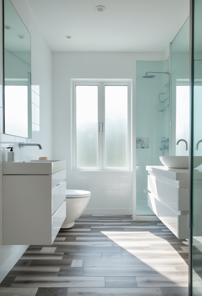 A modern bathroom with new wood-look vinyl flooring, a white vanity, and a large mirror reflecting natural light.