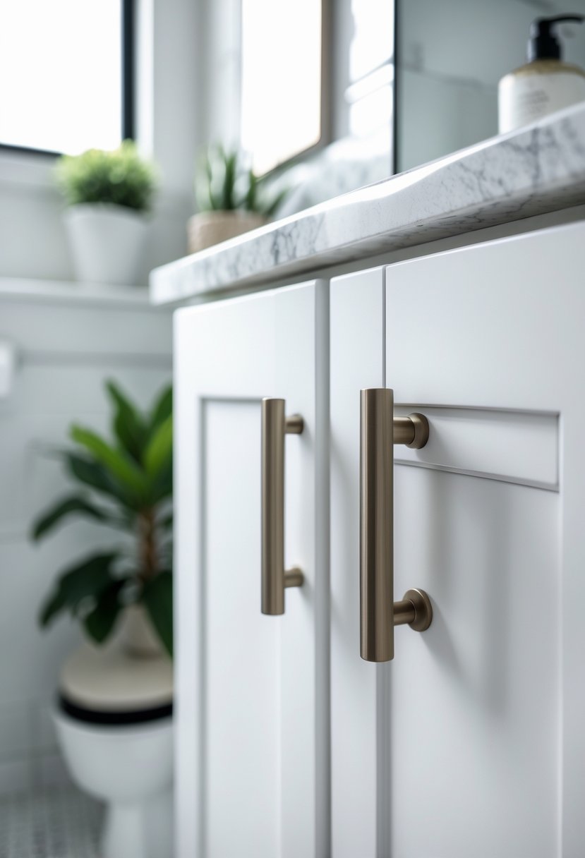 Close-up of a bathroom cabinet with modern metal knobs in a bright bathroom setting.