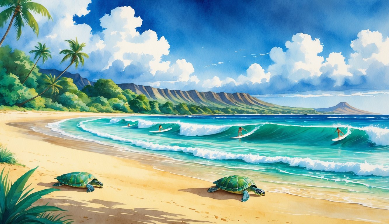A beach scene with surfers riding waves and sea turtles swimming near the shore, surrounded by palm trees and mountains.