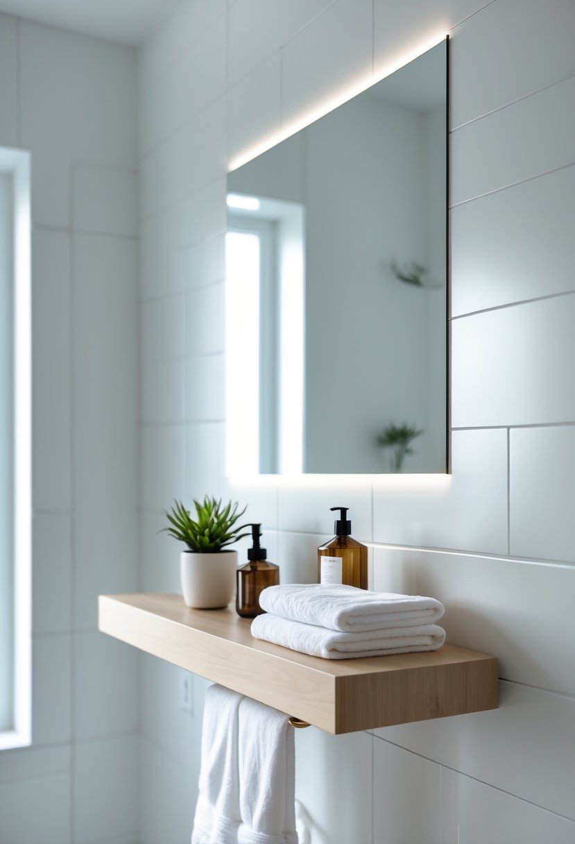 A bathroom with a floating wooden vanity shelf holding bathroom items like towels, soap dispenser, and a small plant.