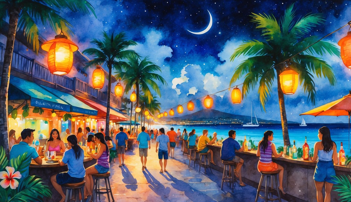 A lively nighttime waterfront scene in Honolulu with people enjoying outdoor cafes and bars, palm trees, and boats on the ocean under a starry sky.