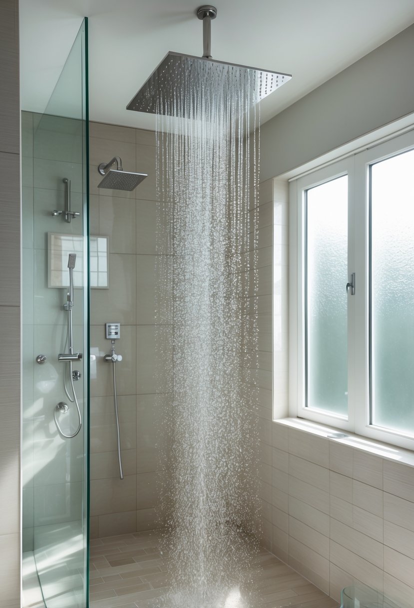 A modern bathroom with a large rainfall showerhead installed, water gently flowing, glass shower enclosure, and neutral tiles.