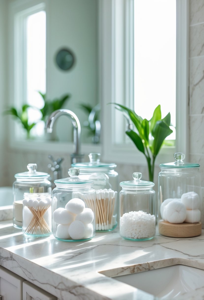 Bathroom countertop with clear glass jars holding cotton balls, swabs, and bath items arranged neatly next to a sink.