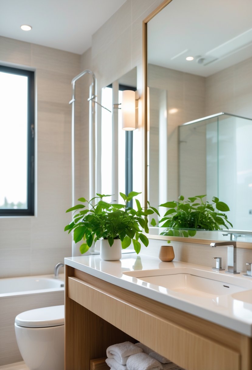 A modern bathroom interior with a small green indoor plant on the countertop next to a sink and mirror.