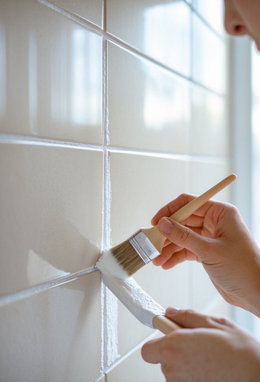 A person applying white grout paint to the lines between bathroom tiles with a small brush.