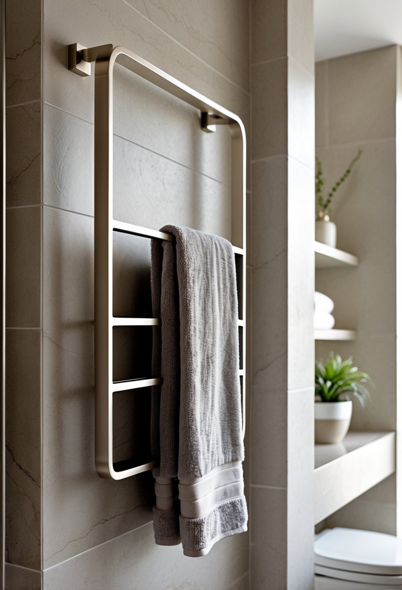 A modern bathroom with a sleek towel rack mounted on the wall, holding neatly folded towels, with bathroom accessories and a small plant nearby.