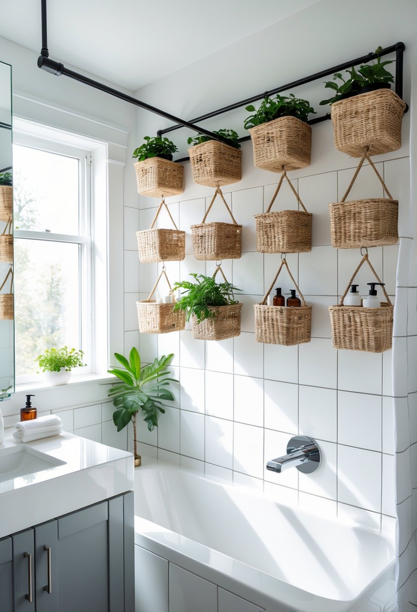 A bathroom with a tension rod above the bathtub holding hanging baskets filled with toiletries and plants.