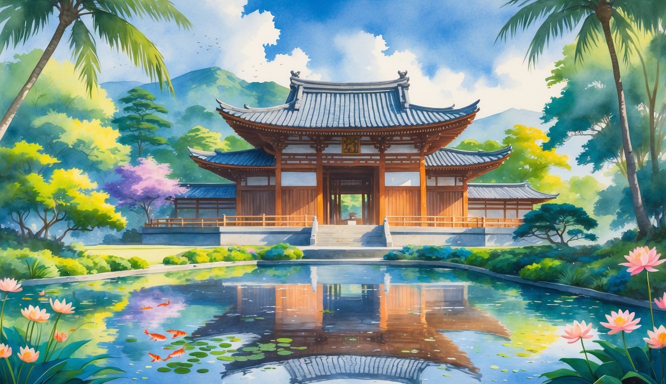 A traditional Japanese temple surrounded by tropical trees and plants, with a pond in front reflecting the temple and sky.