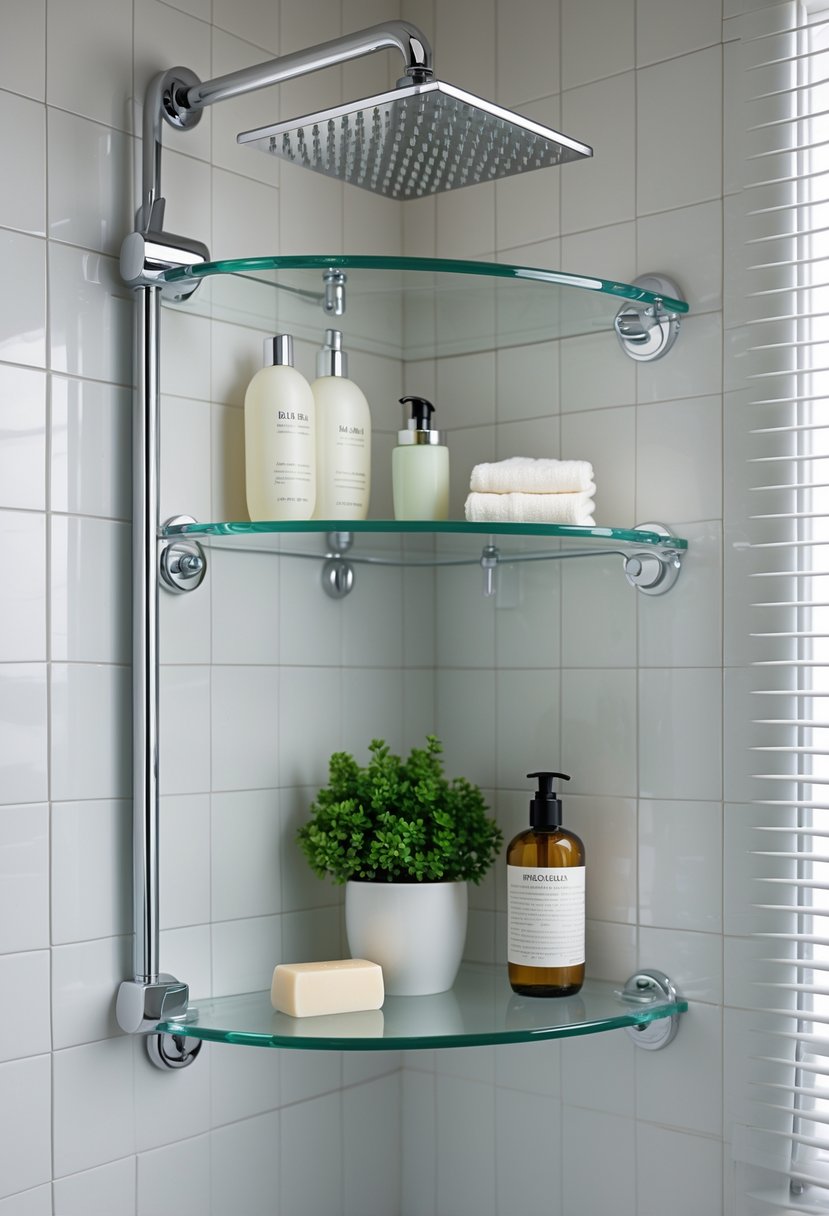 A clean shower corner with a glass corner shelf holding toiletries and a small plant.