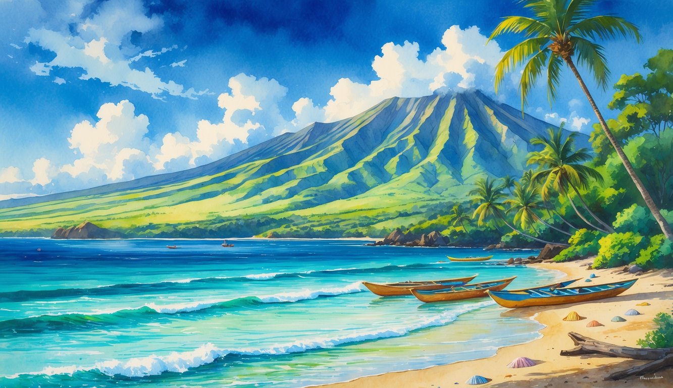 A tropical beach with clear blue water, palm trees, green hills, and a distant volcanic mountain under a partly cloudy sky.