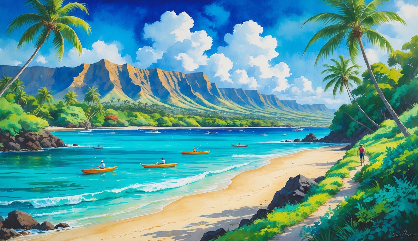 A coastal scene with turquoise waters, sandy beach, palm trees, volcanic mountains, boats, and hikers exploring a tropical landscape near Honolulu.