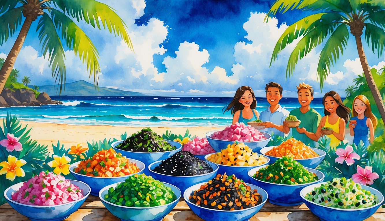 A lively outdoor market scene in Oahu with people enjoying bowls of fresh poke by a beach with palm trees and ocean waves.