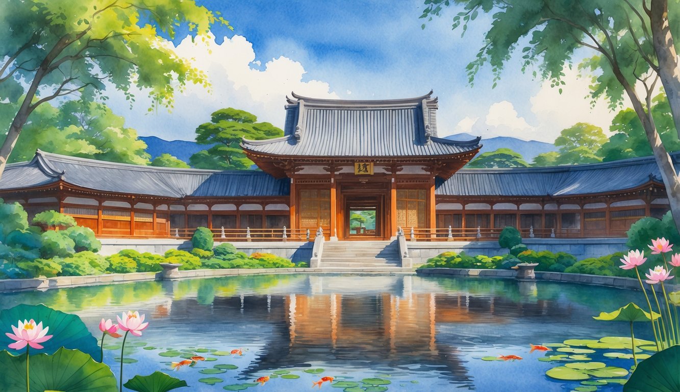 A traditional Japanese temple surrounded by tropical plants and a reflective pond with fish and flowers, set against distant mountains.