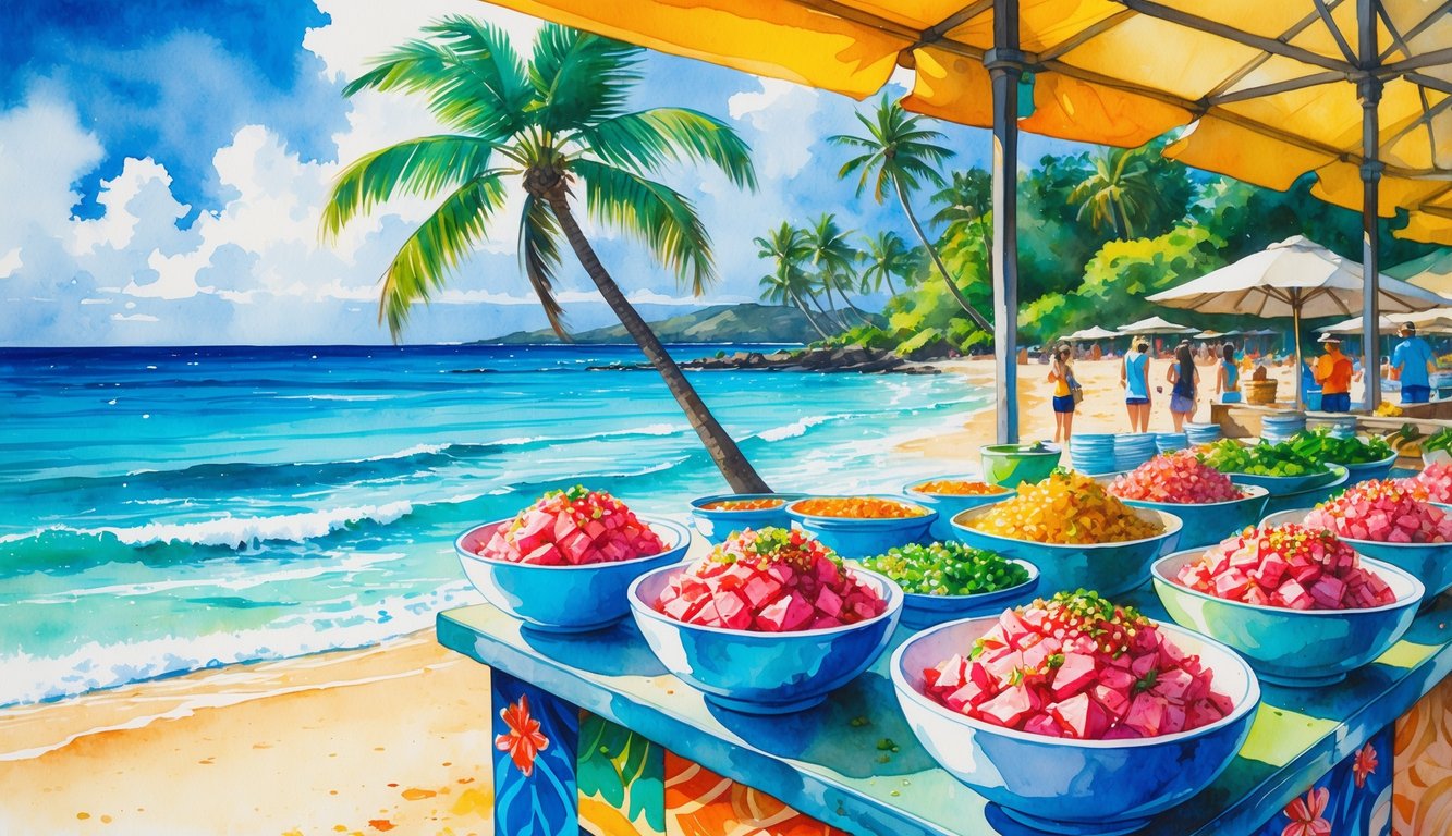 A market stall by the ocean in Oahu serving fresh poke bowls with palm trees and a beach in the background.