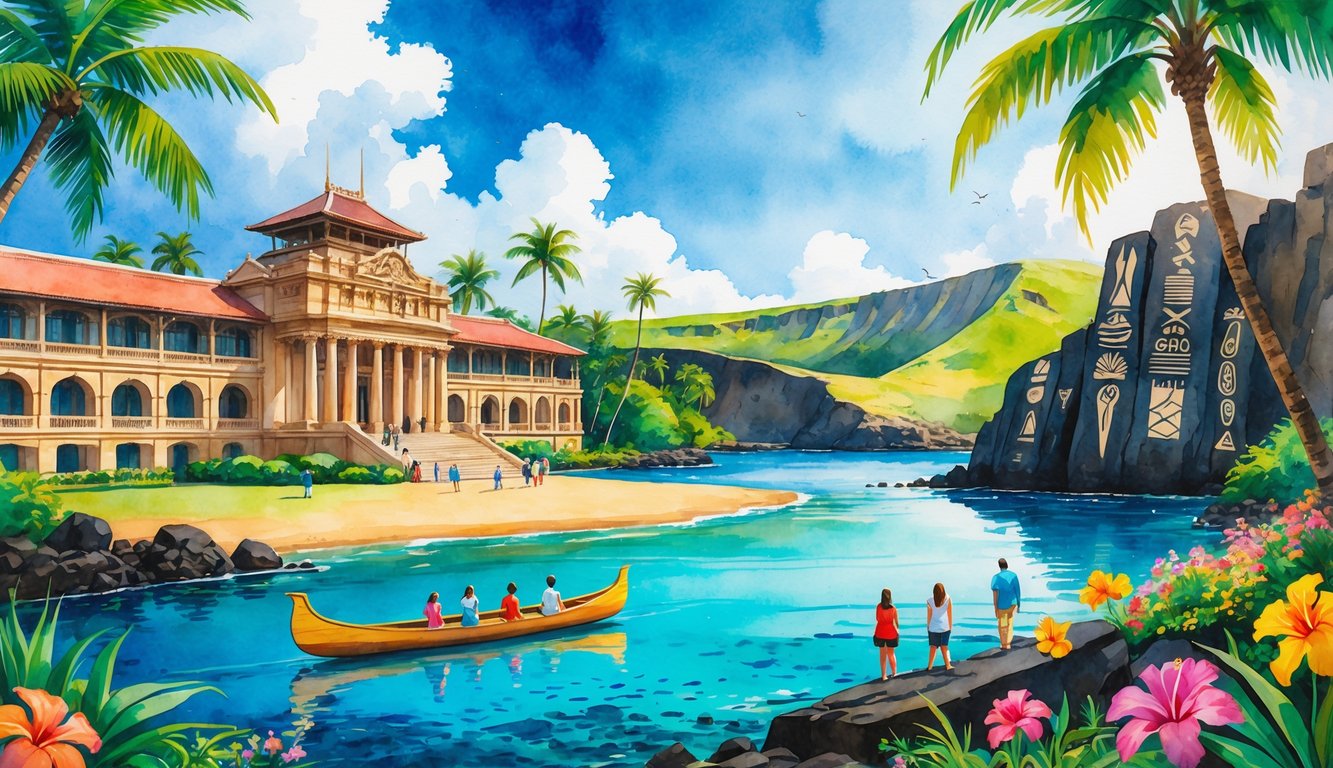 Scenic view of Iolani Palace, a traditional Hawaiian canoe on blue water, Diamond Head crater in the distance, volcanic rocks with petroglyphs, palm trees, and blooming tropical flowers with visitors exploring the area.