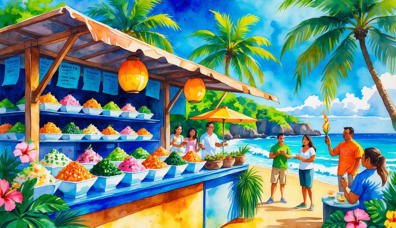 A Hawaiian coastal market scene with people enjoying fresh poke bowls near palm trees and the ocean.