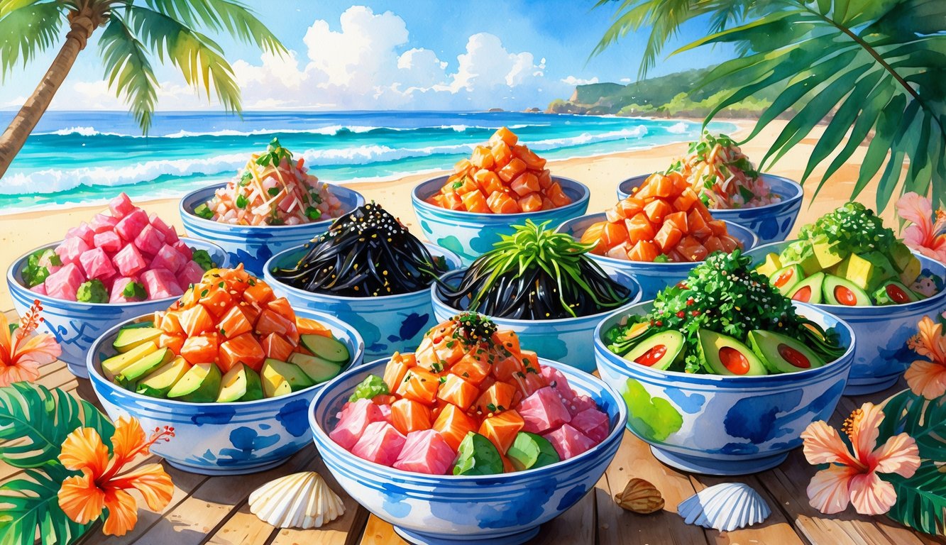 A table with several bowls of colorful poke featuring fresh fish, avocado, and seaweed, set against a beach backdrop with palm leaves and flowers.