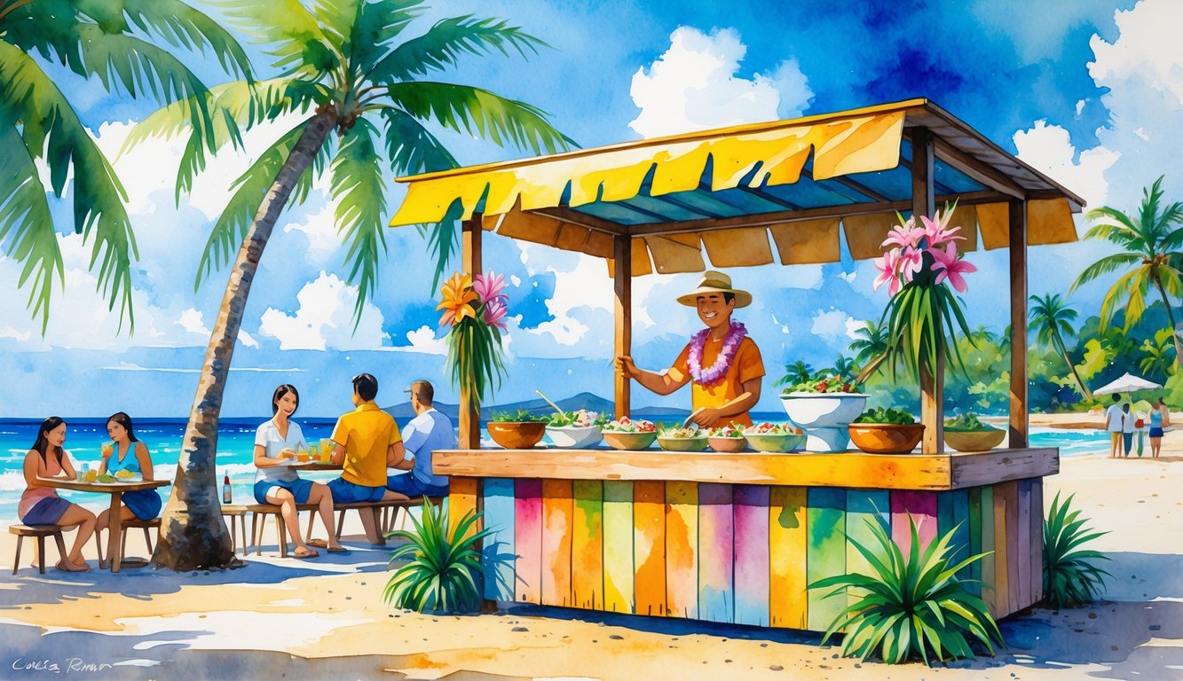 A Hawaiian poke stand with fresh ingredients and people enjoying poke outdoors near palm trees and the ocean.