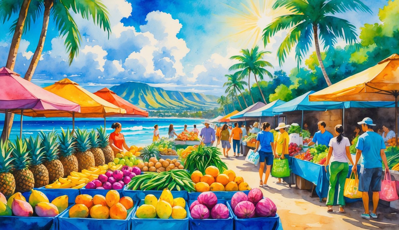 A busy outdoor farmers' market in Oahu with stalls of tropical fruits and vegetables, palm trees, and people shopping under a sunny sky.