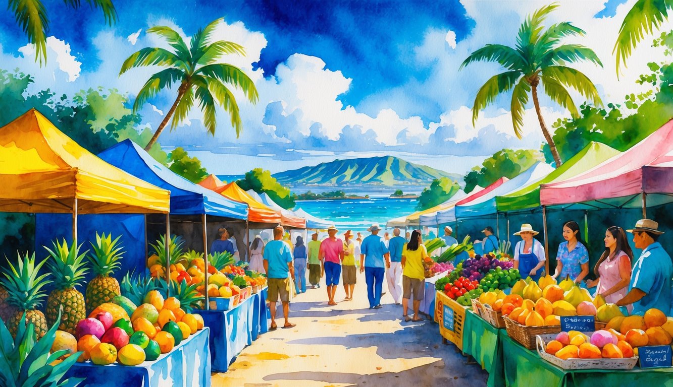 A busy farmers' market on Oahu with colorful fruit stalls, vendors, palm trees, ocean, and mountains in the background.
