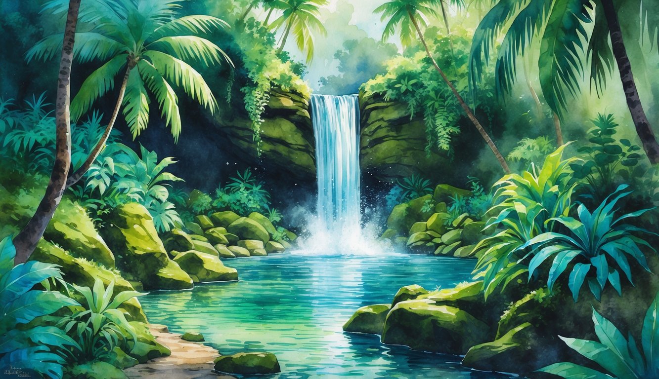 A hidden waterfall flowing into a clear pool surrounded by tropical trees and dense greenery with a narrow hiking trail leading towards it.