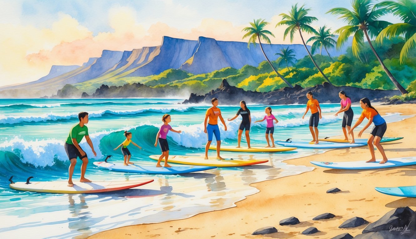 A beach in Oahu with people learning to surf near the shore, surrounded by palm trees and mountains.