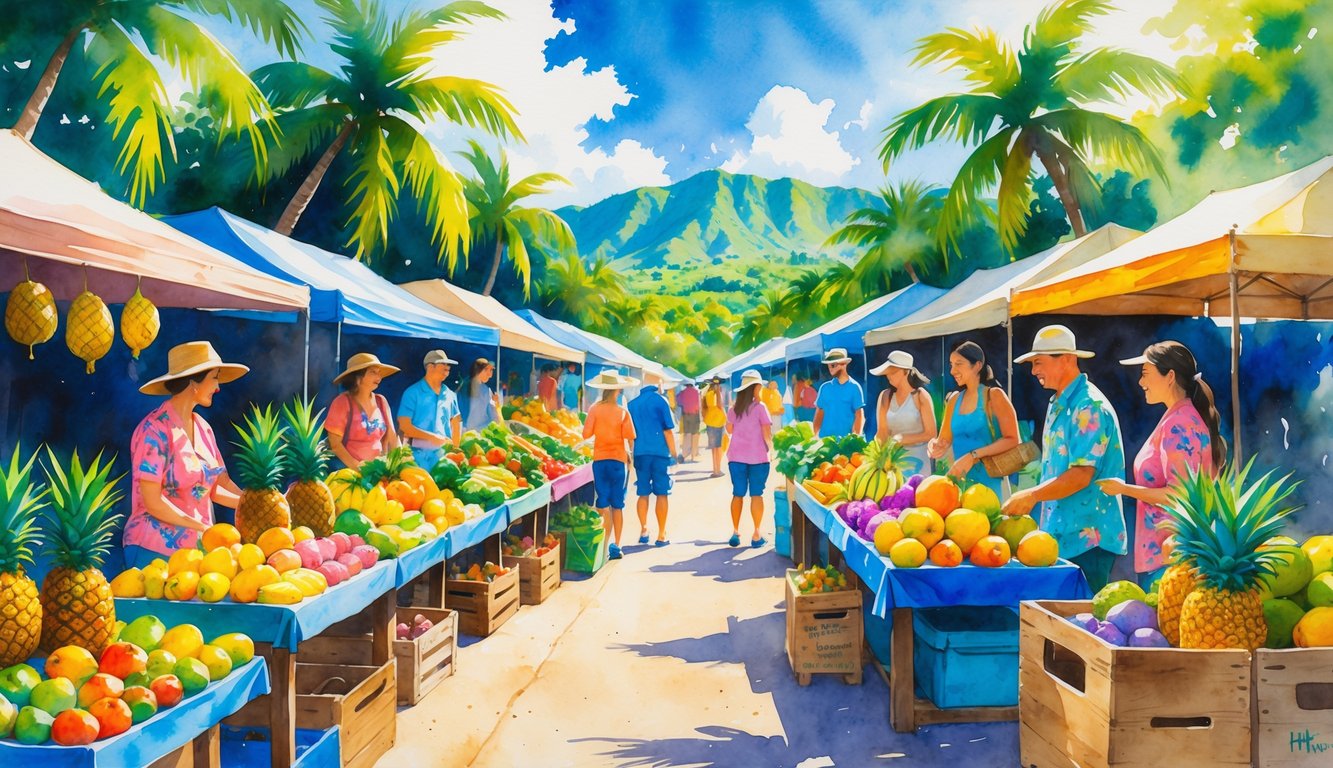 A bustling outdoor farmers' market in Oahu with people shopping for fresh tropical fruits and vegetables under palm trees and a clear sky.