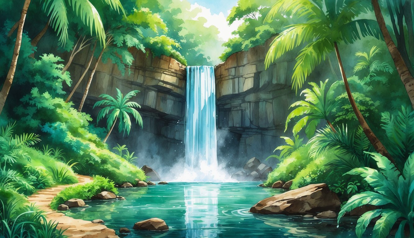A hidden waterfall surrounded by dense tropical forest with a hiking trail leading towards it.