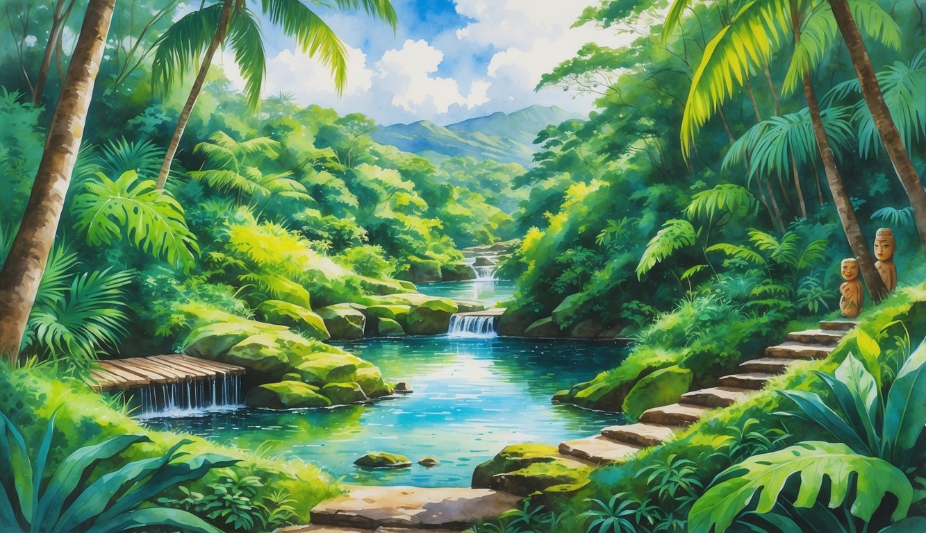 A tropical hiking trail on Oahu with lush green plants, hidden waterfalls flowing into clear pools, tall trees, distant mountains, and a wooden footbridge surrounded by dense forest.