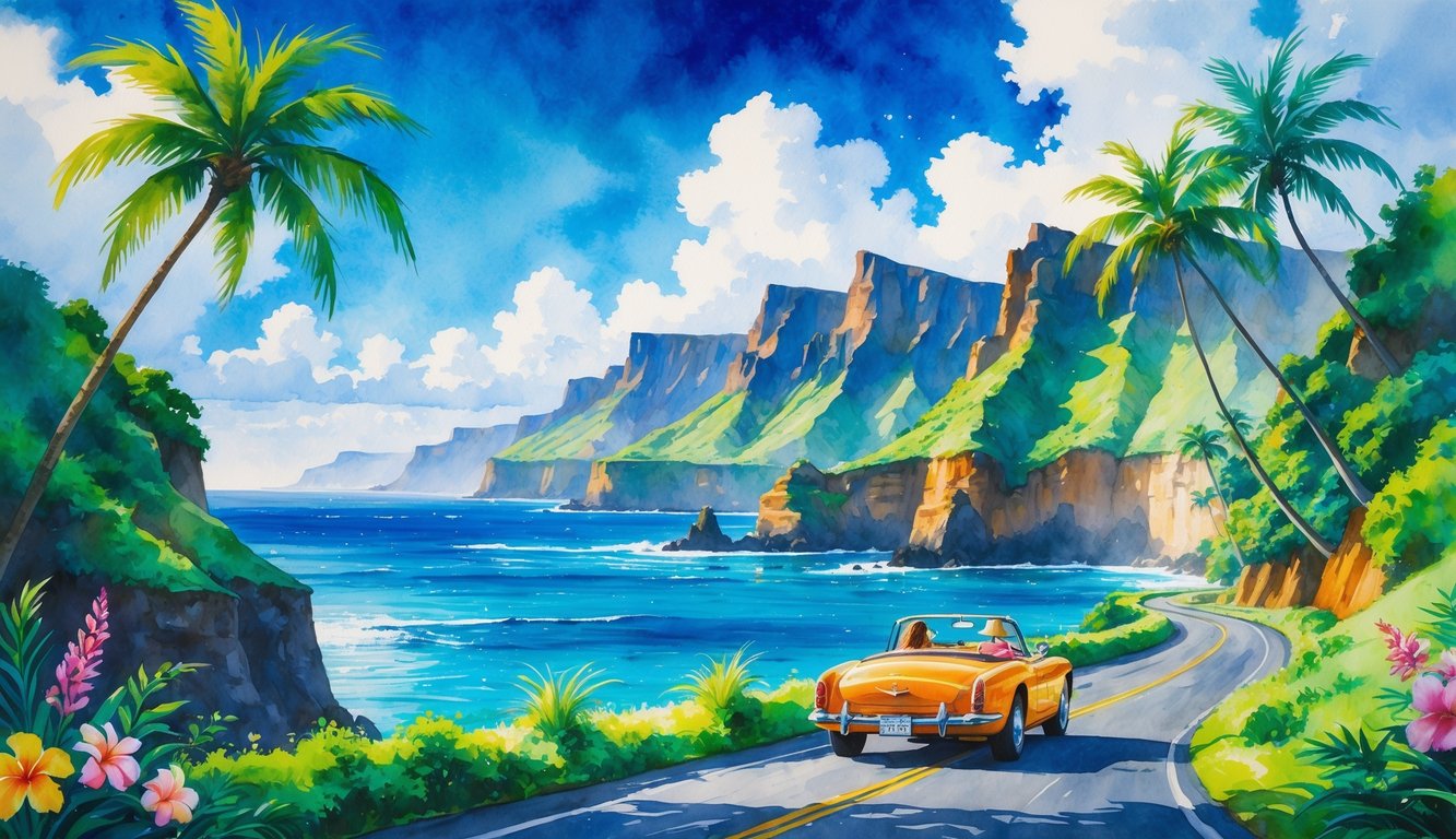 A winding coastal road along green cliffs with palm trees, tropical flowers, ocean waves, and volcanic mountains in the background.