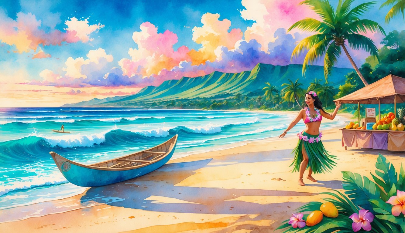 A beach scene in Oahu with palm trees, turquoise waves, a sunset sky, a canoe on the shore, tropical fruits at a market stall, surfers in the water, a hula dancer on the sand, and green mountains in the background.
