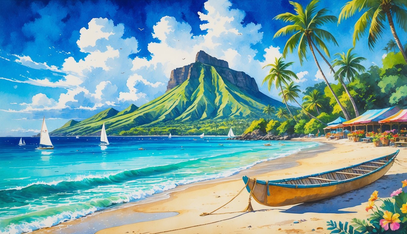 A tropical beach in Oahu with palm trees, turquoise water, a volcanic mountain, sailboats, surfers, and colorful flowers.
