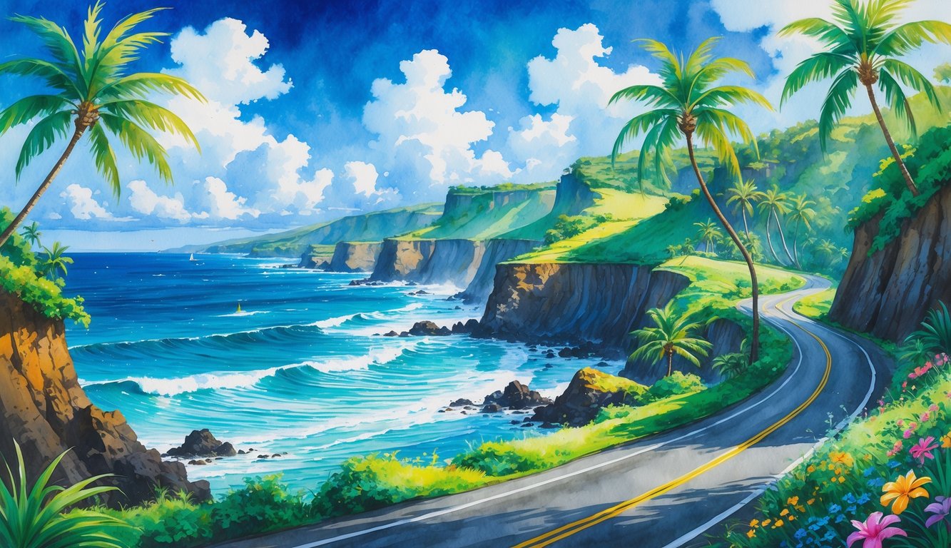 A coastal road winding along green cliffs with palm trees, waves crashing on the shore, surfers in the distance, and tropical flowers by the roadside.