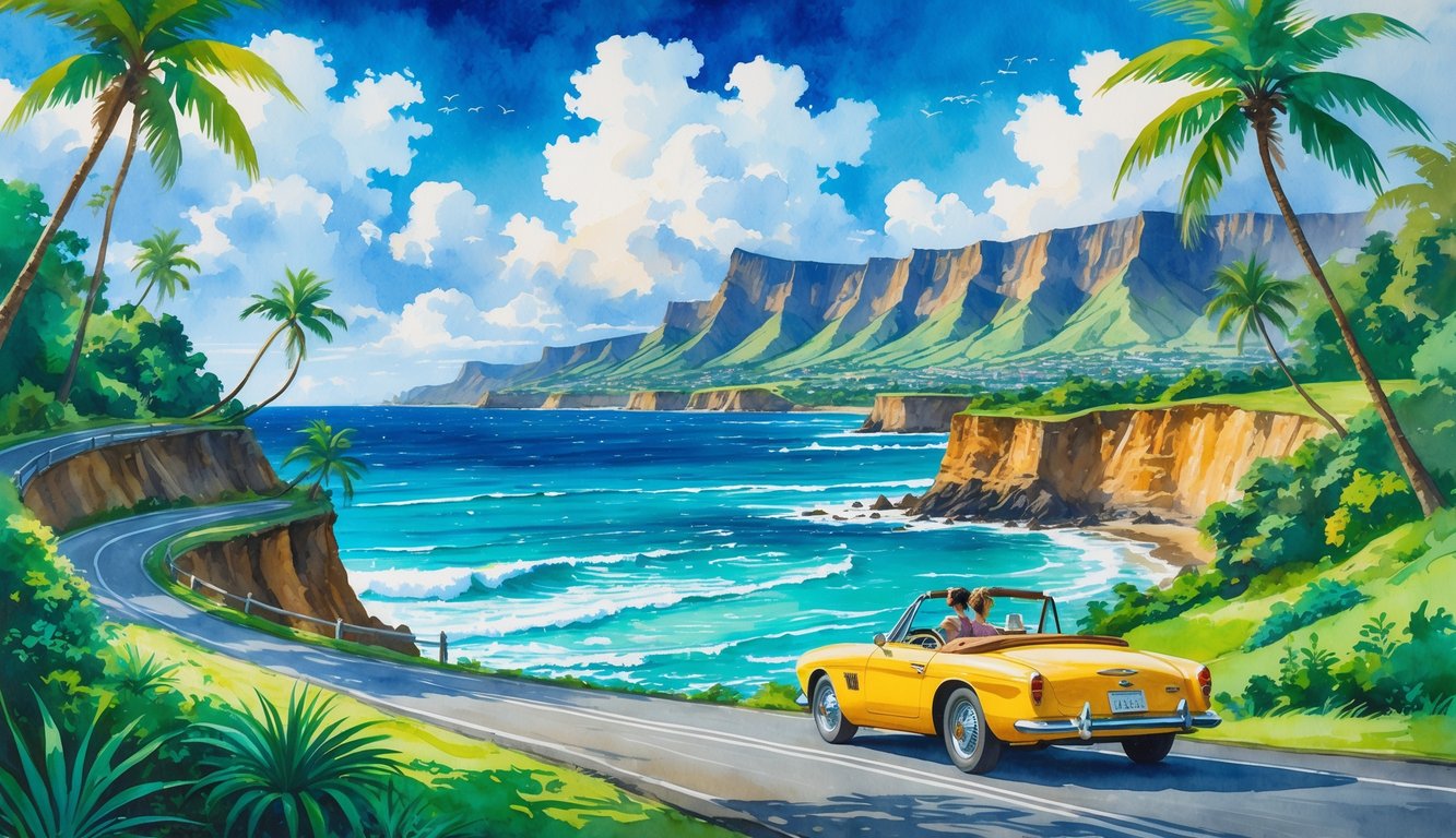 A coastal road winding along green cliffs with ocean waves below, palm trees, a convertible car with a surfboard, and volcanic mountains in the background.