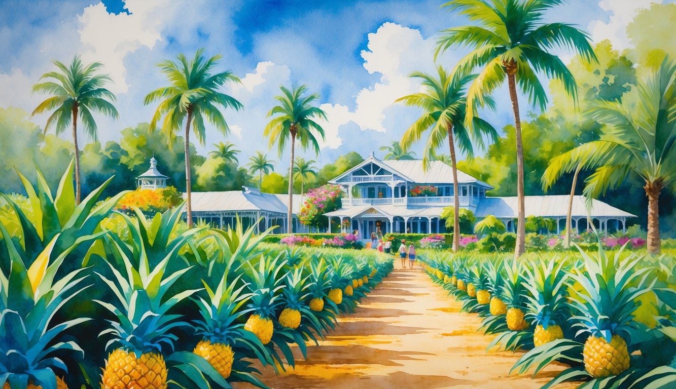 A tropical plantation with rows of pineapple plants, palm trees, a plantation house, and visitors walking along a path under a blue sky.