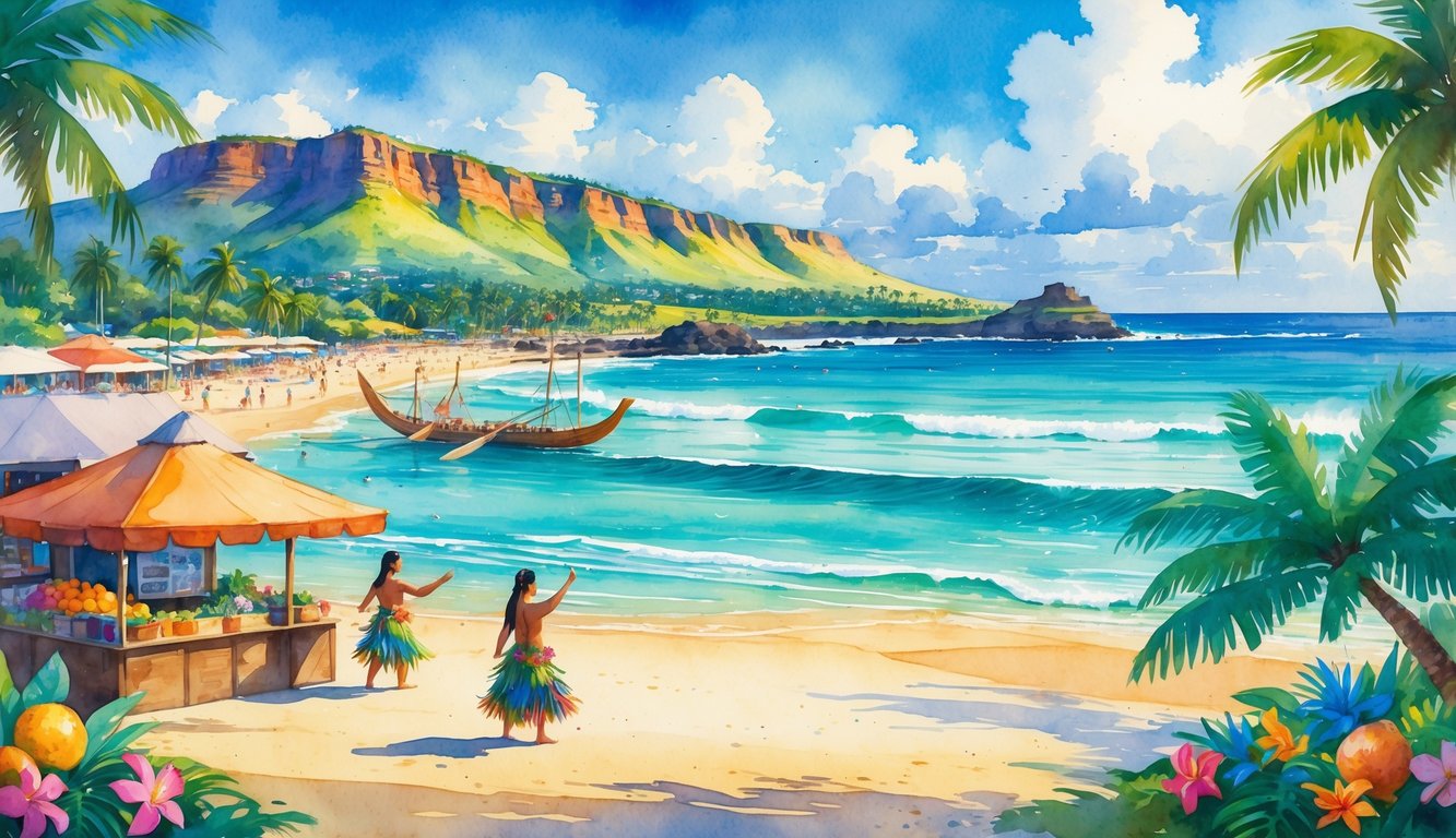A tropical beach scene with palm trees, surfers, hula dancers, a volcanic crater, and a traditional canoe near the shore.