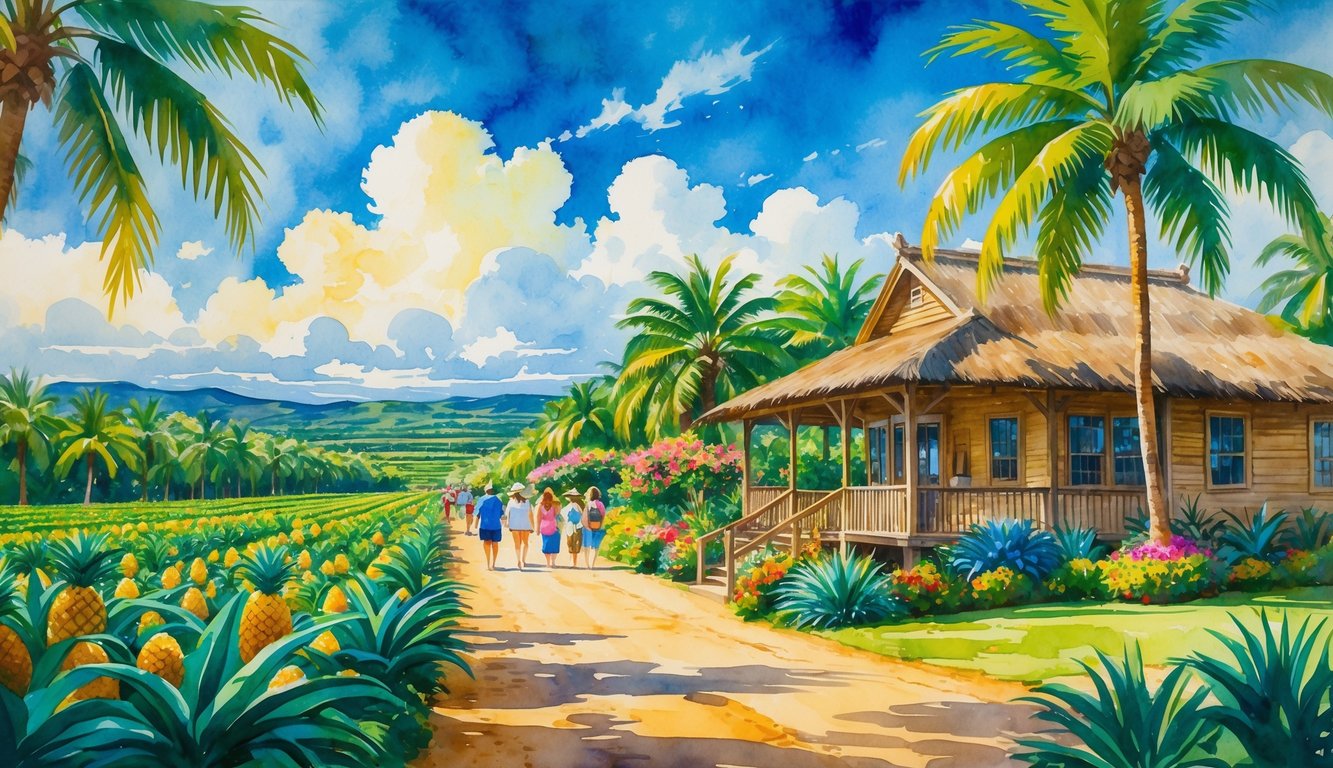 A tropical plantation with pineapple fields, a wooden house, palm trees, and visitors walking along a path under a blue sky.