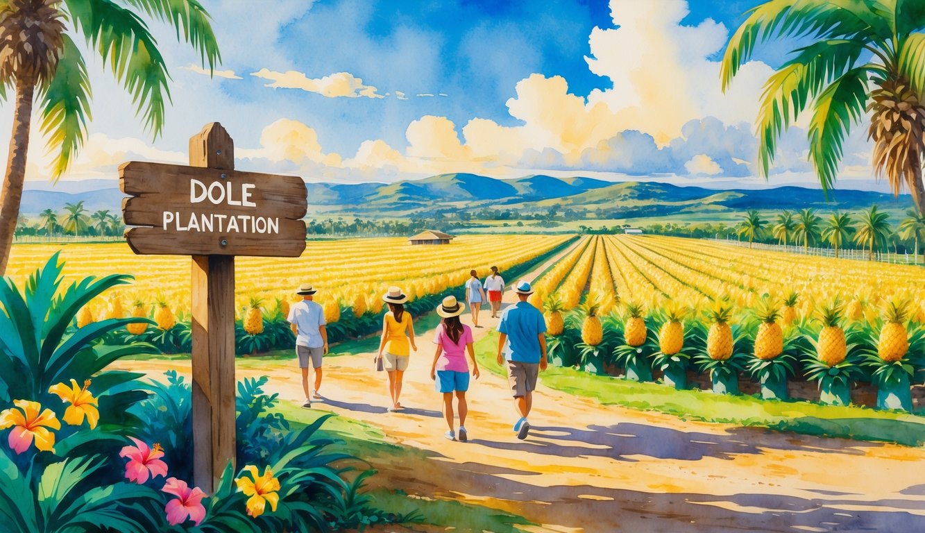 A tropical pineapple plantation with rows of plants, visitors walking along a path, palm trees, flowers, and distant hills under a blue sky.