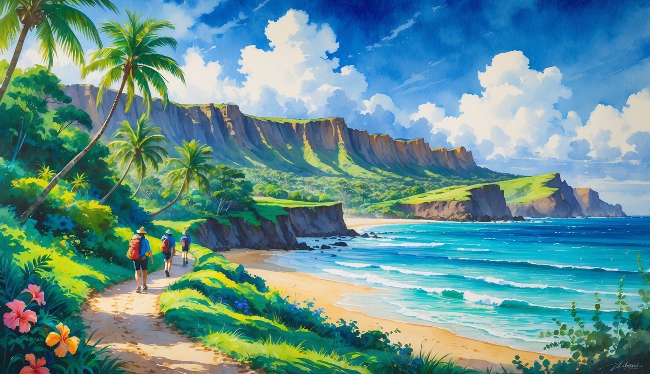 A tropical coastal scene with palm trees, colorful flowers, hikers on a trail, a sandy beach, and volcanic cliffs under a blue sky.