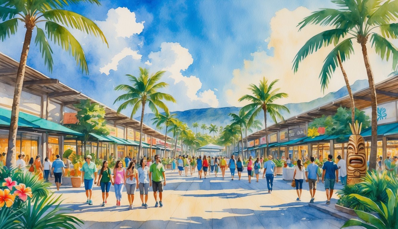 A lively outdoor shopping center surrounded by palm trees and tropical plants with people walking and shopping, city buildings and mountains in the background.
