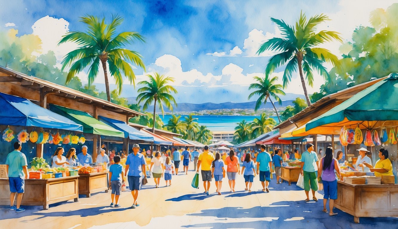 A busy outdoor shopping center in Honolulu with people walking, palm trees, ocean, and mountains in the background.