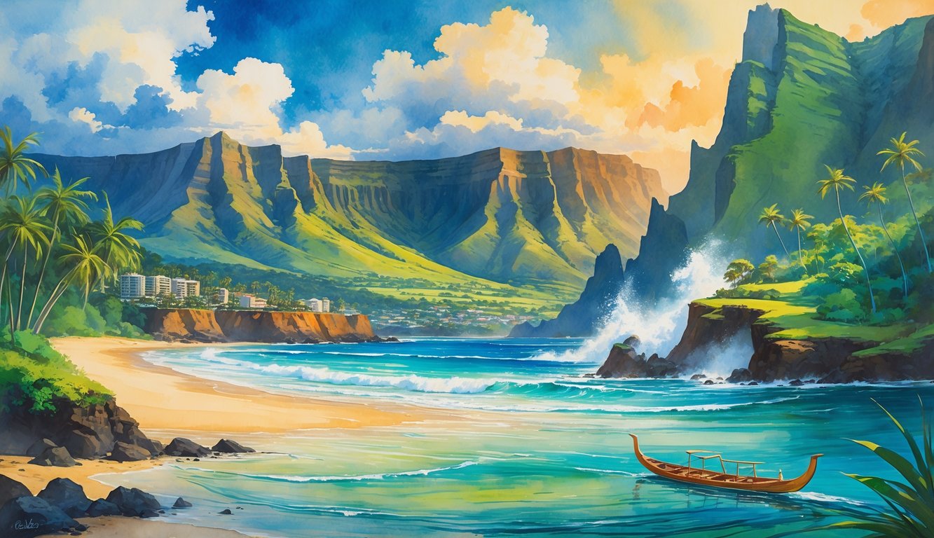 A colorful scene showing Maui's volcanic peaks, waterfalls, beaches, sea cliffs, coral reefs, a small town, a winding road through rainforests, a valley with a pointed peak, a canoe on calm water, and a sunset over the landscape.