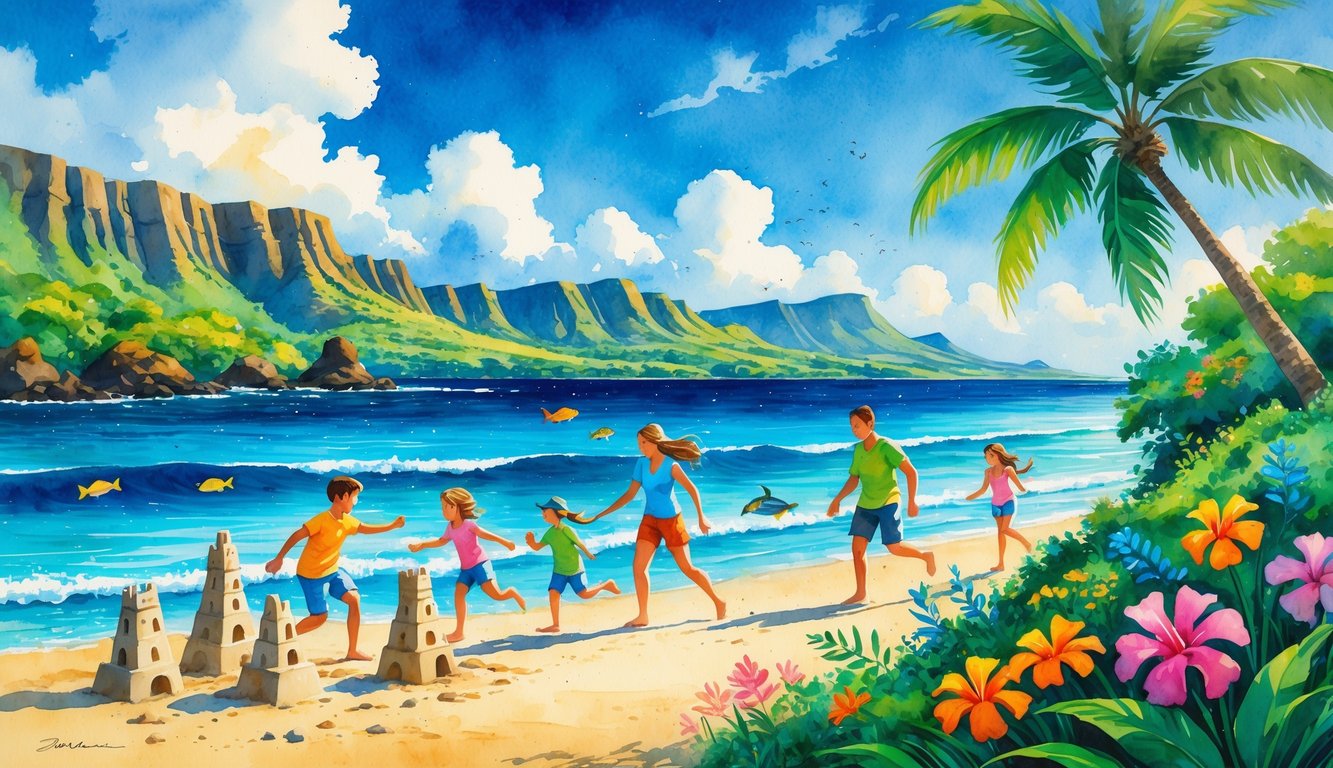 A family enjoying beach activities, snorkeling, and hiking in a tropical island setting with palm trees and mountains.